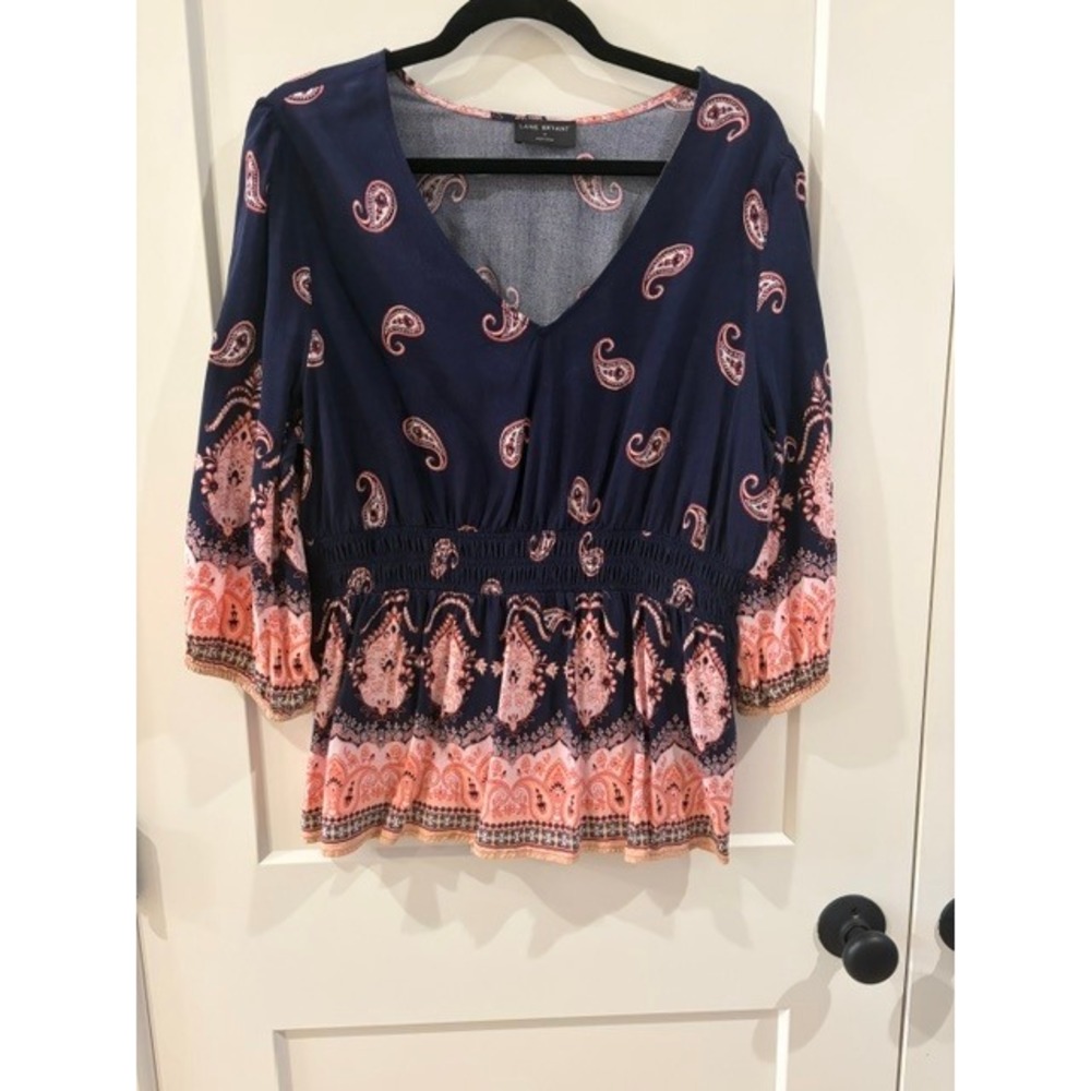 Lane Bryant Navy Blue Paisley Smocked Peplum V-Neck Top Size 14 3/4 Sleeve Boho